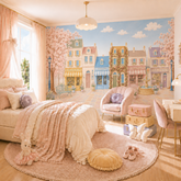Murale Cameretta Bambina Parigi Pastello con Boutique, Fiori e Fontana