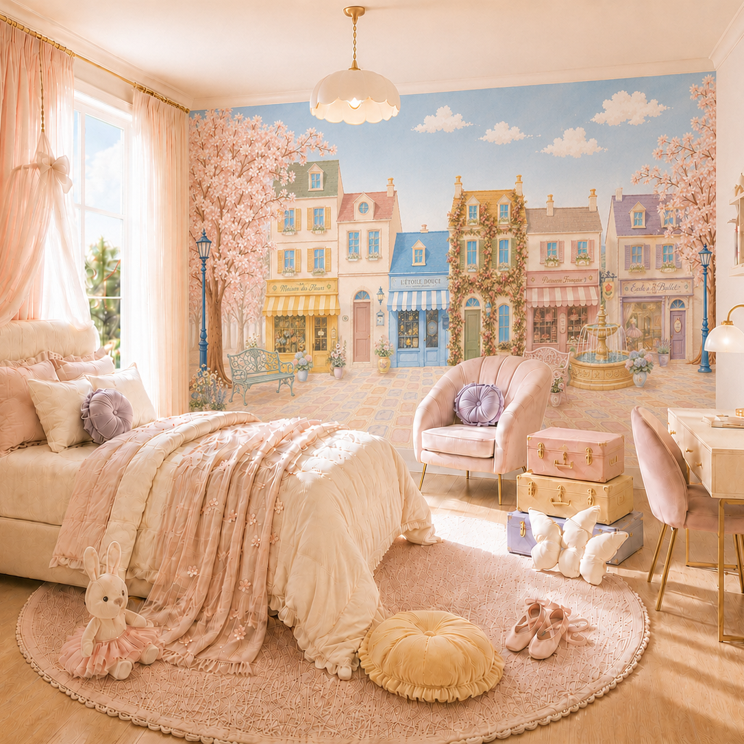 Murale Cameretta Bambina Parigi Pastello con Boutique, Fiori e Fontana