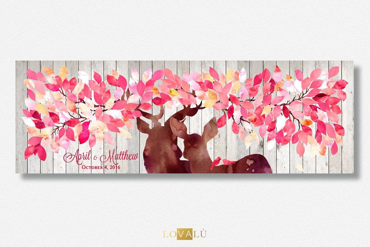 Country Wedding Guestbook alternative. Deers with birds. Choose your colours - Lovalù