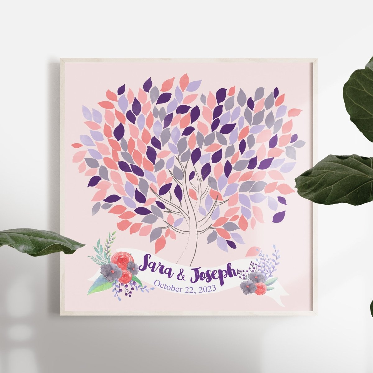 Custom Alternative wedding guest book tree with banner pink and purple - Lovalù