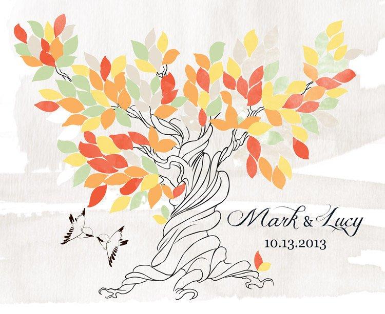 Custom Alternative wedding Guestbook tree watercolor on canvas with sparrows 150 rust desert leaves. - Lovalù