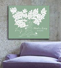 Custom GuestBook oilve Tree Wedding 150 Leaves with swallows. Sage. Print on canvas Choose your colours and number of leaves - Lovalù