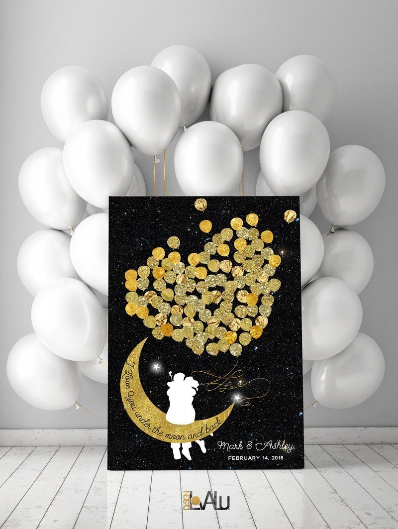 Custom wedding guest book Moon balloon couple guestbook i love you under the moon and back wedding crescent moon wedding personalized ivory - Lovalù