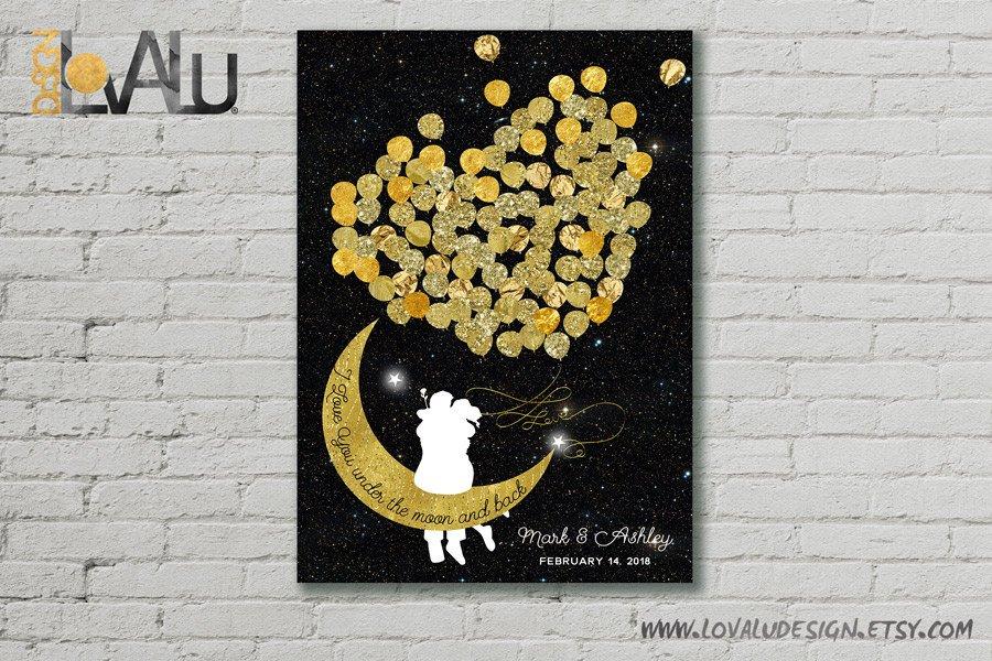 Custom wedding guest book Moon balloon couple guestbook i love you under the moon and back wedding crescent moon wedding personalized ivory - Lovalù