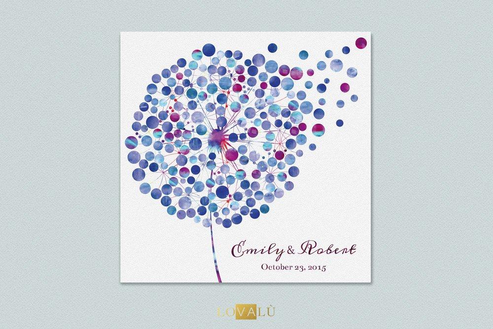 Custom wedding Guestbook dandelion - tarassaco watercolor guest book wedding - canvas 200 signatures - Choose your colours - Lovalù