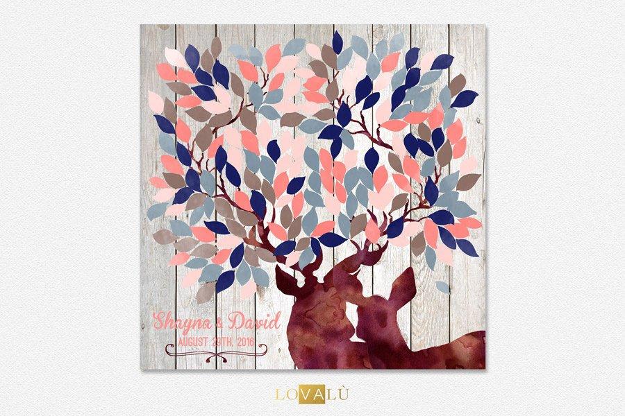 Deer Guest Book alternative navy blue pink grey, Wedding Guest Book Canvas stag doe, Wood Guest Book for 200 Guests - Rustic Wedding idea - Lovalù