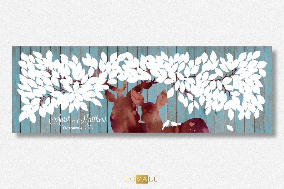 Guest book alternative with deers in blue and white. Available print on canvas or paper. - Lovalù
