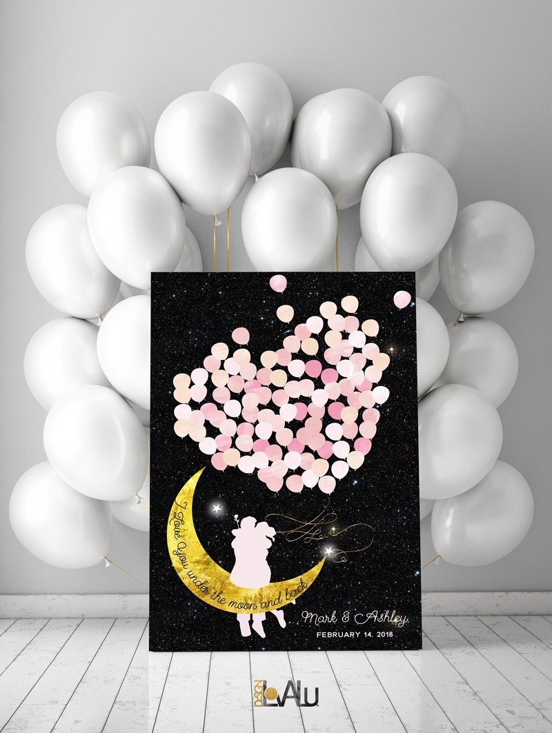 Moon balloon couple guest book i love you under the moon and back wedding guestbook crescent moon guestbook custom wedding personalized pink - Lovalù