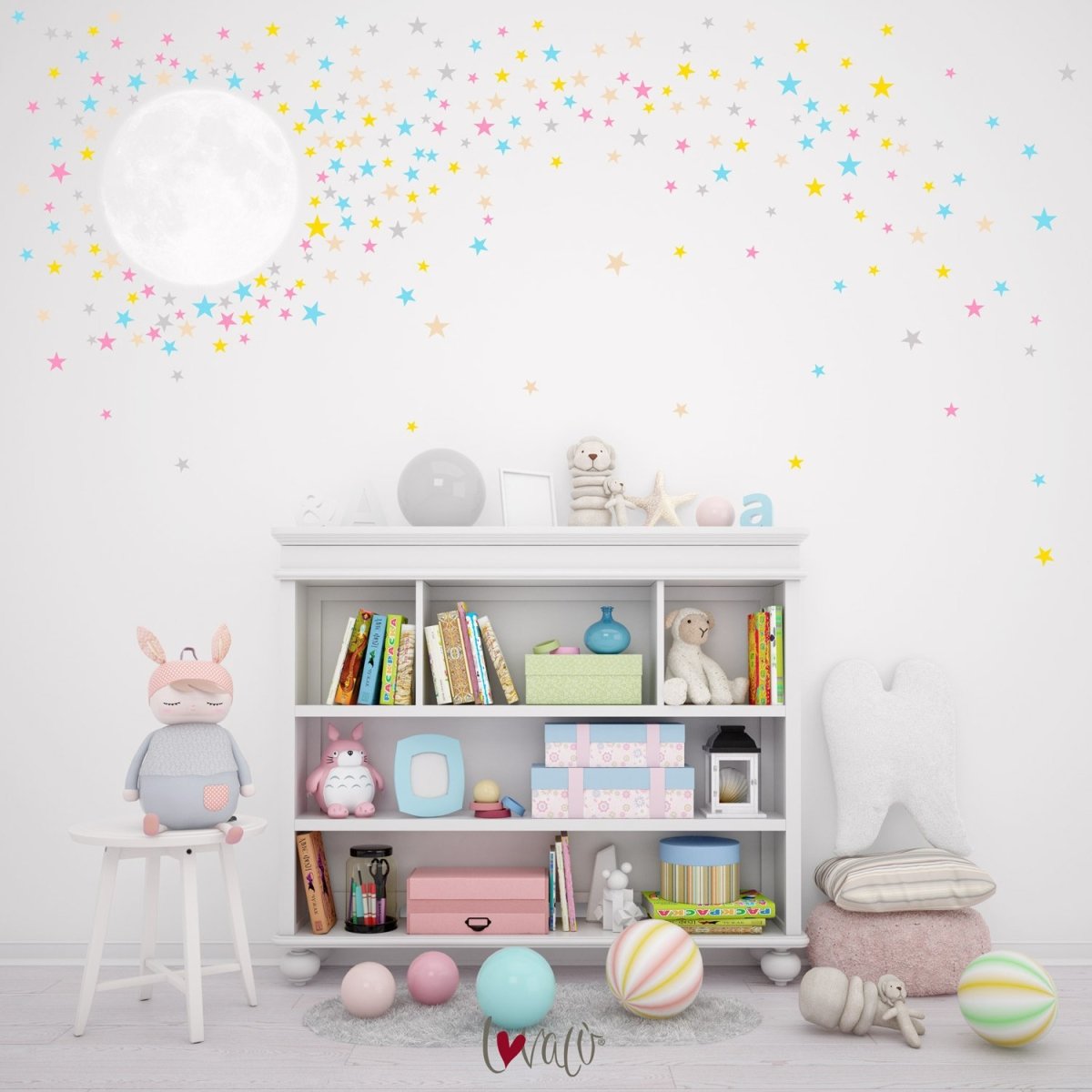 Moon with colored Stars Wall Decal for Nursery Rooms - Peel & Stick - Lovalù