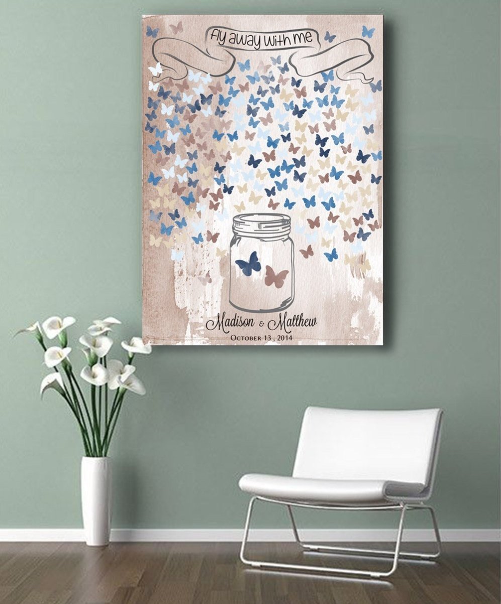 Romantic Wedding Guestbook jar with butterflies. Print on canvas 200 sign. Choose your color and number of signatures - Lovalù