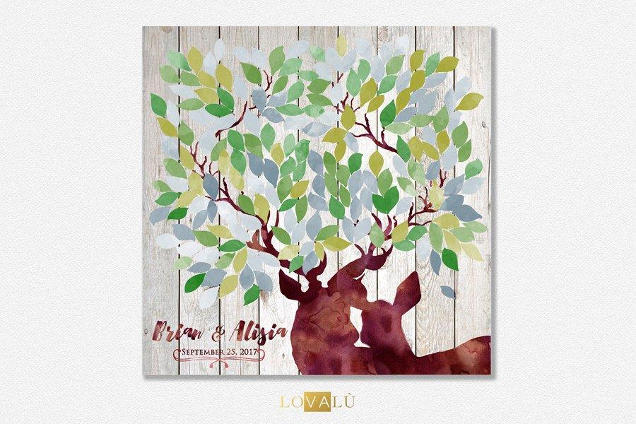 Rustic wedding guest book alternative in green & grey - Wedding Tree Deer guestbook - wood rustic wedding guest book - Wedding in the Woods - Lovalù
