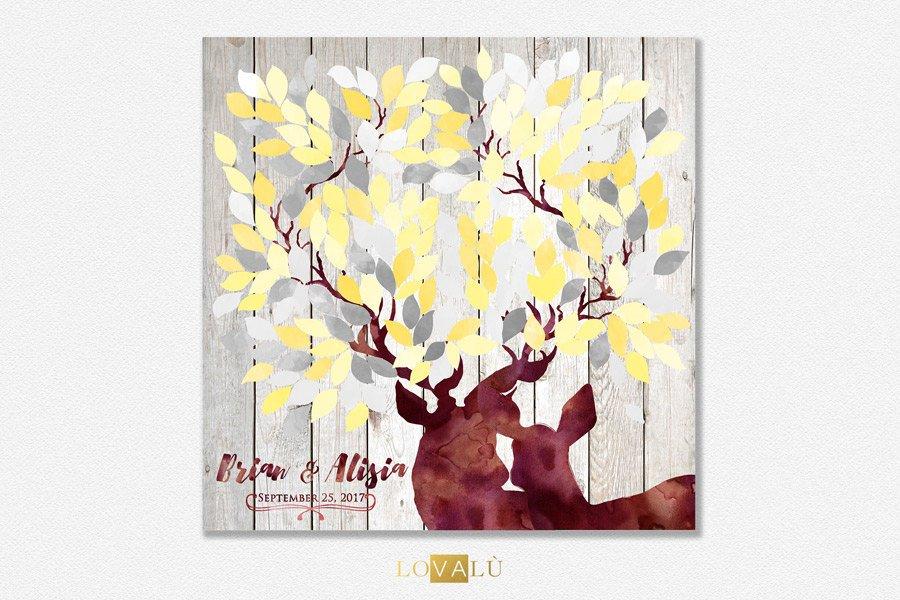 Rustic wedding guest book alternative in yellow & grey - Wedding Tree Deer guestbook - wood rustic wedding guest book - Wedding in the Woods - Lovalù