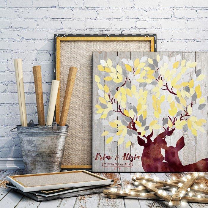 Rustic wedding guest book alternative in yellow & grey - Wedding Tree Deer guestbook - wood rustic wedding guest book - Wedding in the Woods - Lovalù