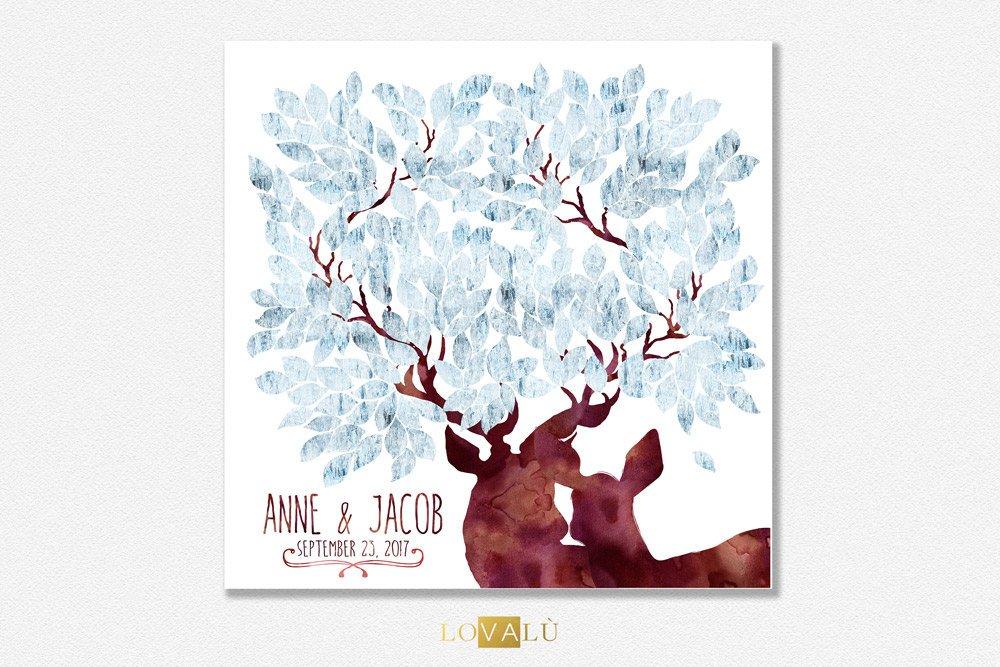 Rustic Wedding guest book with deers in ice effect. Winter wedding theme. 50 - 300 signatures - Alternative GuestBook tree wishes - Lovalù