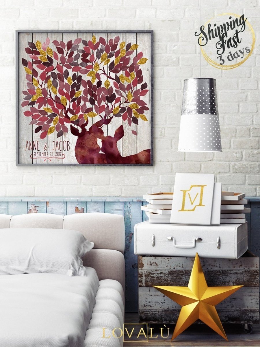 Rustic Wedding guest book with deers in Marsala & Gold. Fall wedding theme. 50 - 300 signatures - Alternative GuestBook tree wishes - Lovalù