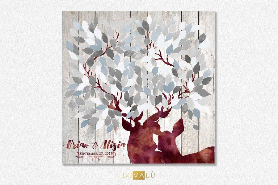 wedding guest book alternative canvas white gray, Wedding Tree Deer guest book, wood rustic wedding guest book, Wedding in the Woods - Lovalù