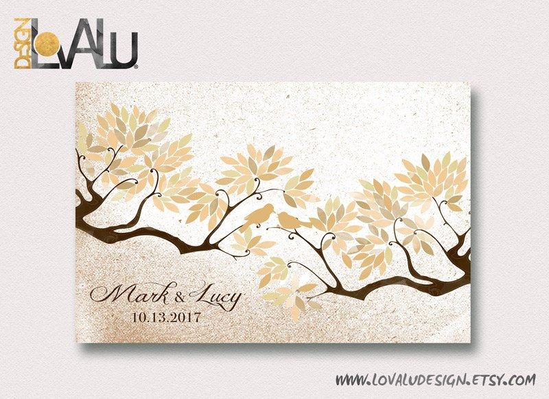 Wedding Guest book tree on canvas 200 sign with birds in love autumn desert colour leaves on background shabby Choose your colours - Lovalù
