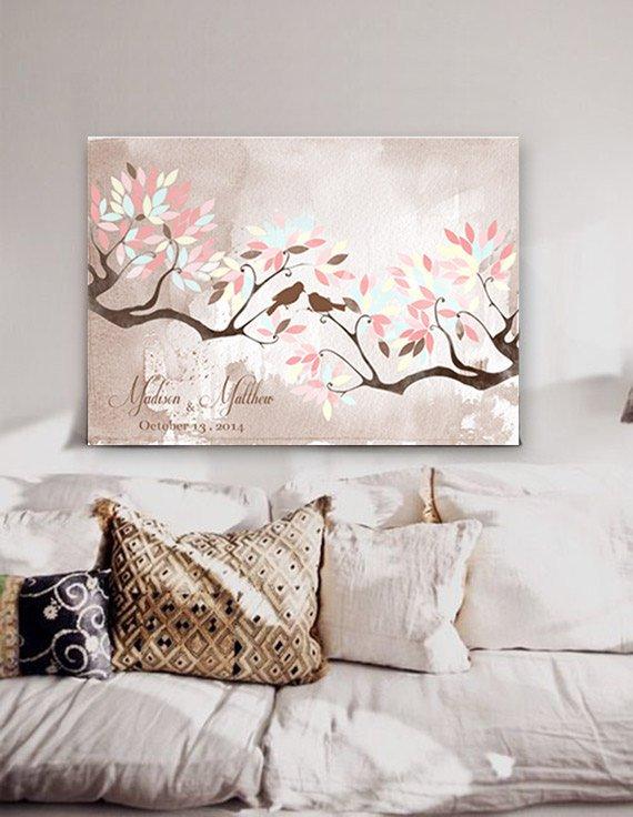 Wedding Guest book tree on canvas 200 sign with birds in love pink light blue colour leaves on watercolor background Choose your colours - Lovalù