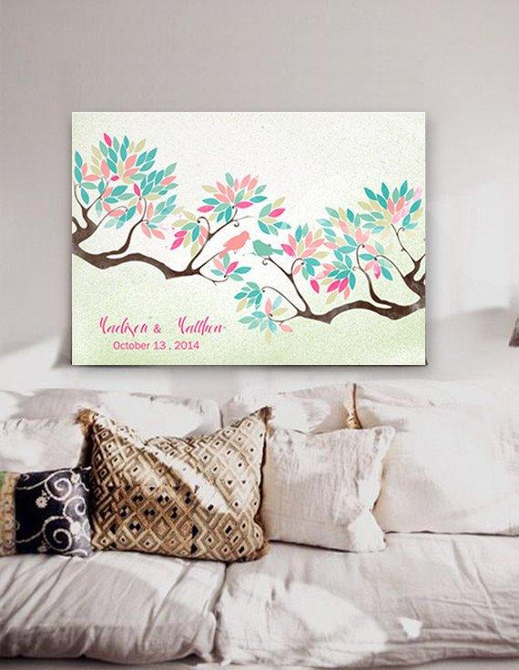 Wedding Guest book tree on canvas 200 sign with birds in love water pastel nuanced colour leaves on background shabby Choose your colours - Lovalù