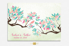 Wedding Guest book tree on canvas 200 sign with birds in love water pastel nuanced colour leaves on background shabby Choose your colours - Lovalù