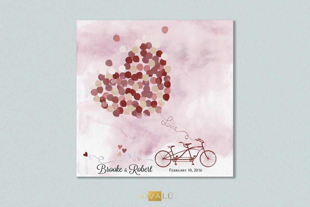 Wedding guest book with tandem. Custom Wedding Guestbook Alternative Country with ballons. Wedding Print Guest Book marsala - Lovalù